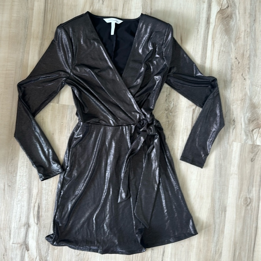 BCBGeneration Black Metallic Long-Sleeve Mini Wrap Dress